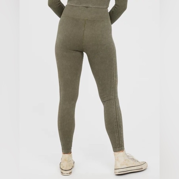Aerie Offline Olive Green High Waist Ribbed Braided Sides Soft Boho Leggings XL - Picture 4 of 13